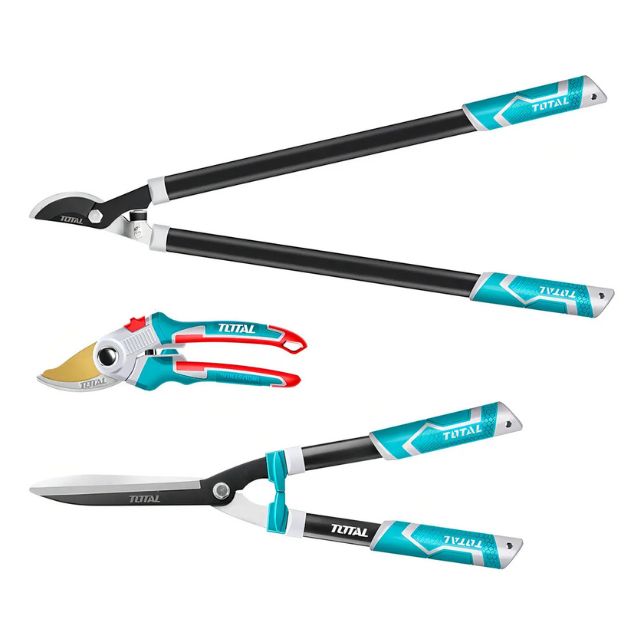 Kit Profesional de Poda 3 Piezas TOTAL® | Tijera de Mano, Cortasetos y Podadora de Altura