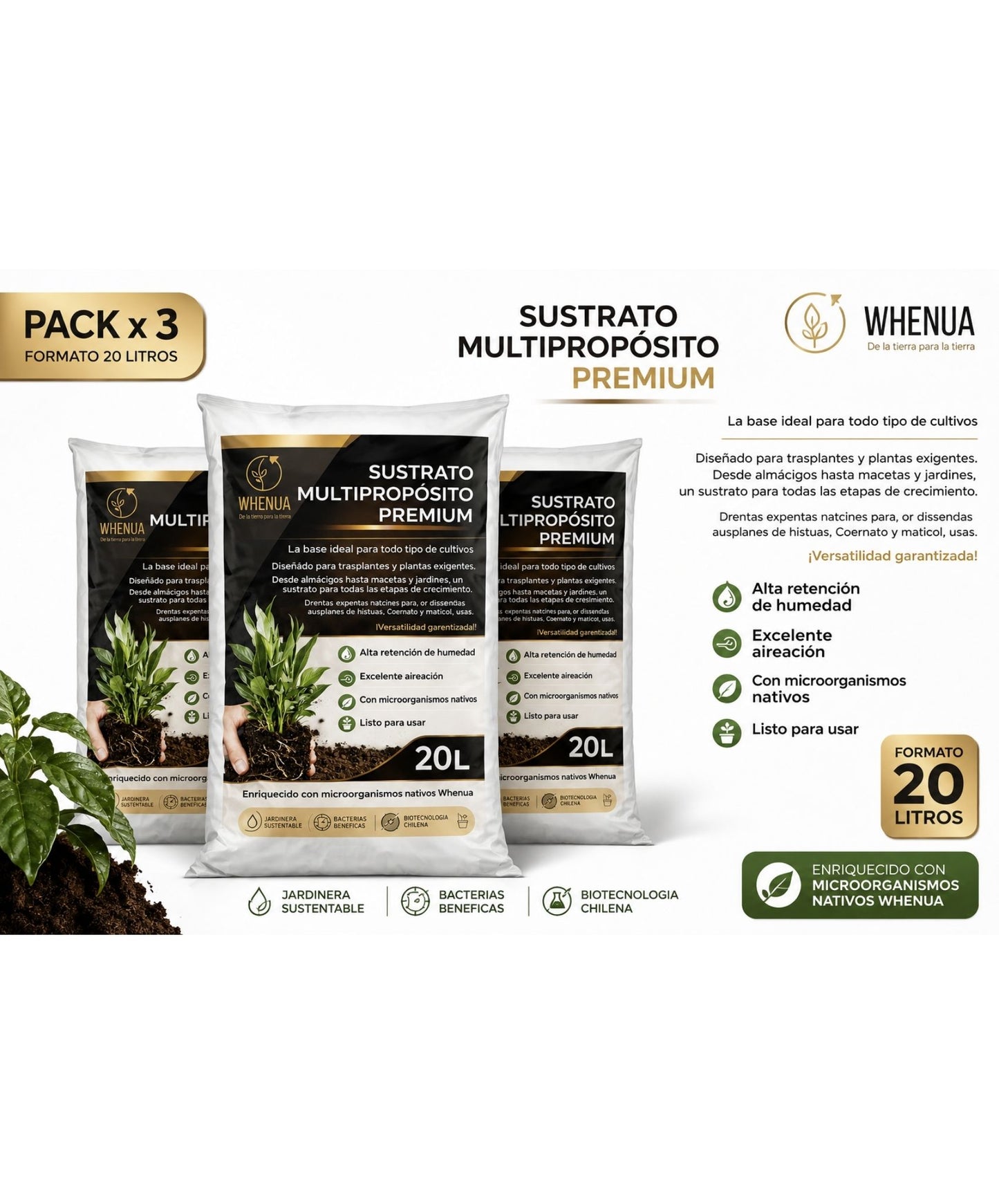 Pack de 3 sacos de Sustrato Multipropósito Premium Whenua de 20 litros cada uno, 60 litros en total