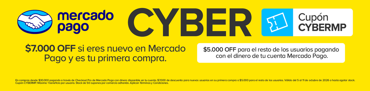 Cyber Mercado Pago: cupón CYBERMP. $7.000 OFF si eres nuevo en Mercado Pago y es tu primera compra; $5.000 OFF para el resto de los usuarios pagando con el dinero de tu cuenta Mercado Pago, en compras desde $30.000.