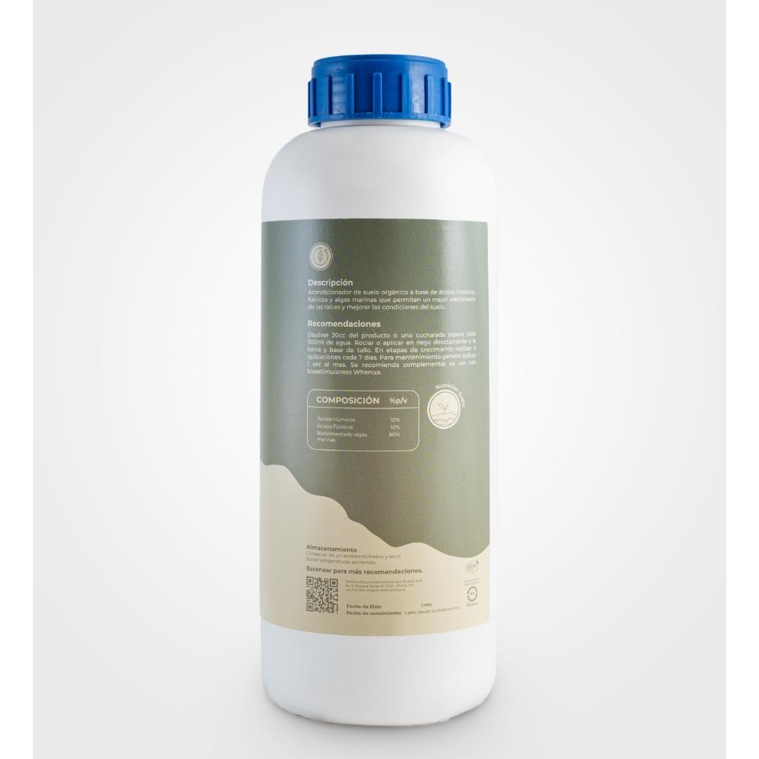 Detalle del envase de Koru Humic de Whenua, acondicionador de suelo con ácidos húmicos