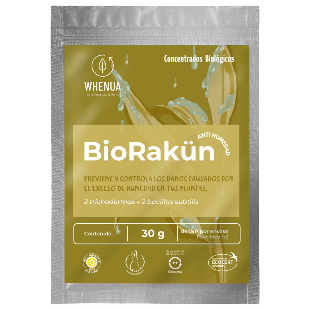 Envase de Bio Rakün 30 g de Whenua, control biológico preventivo de hongos por exceso de humedad