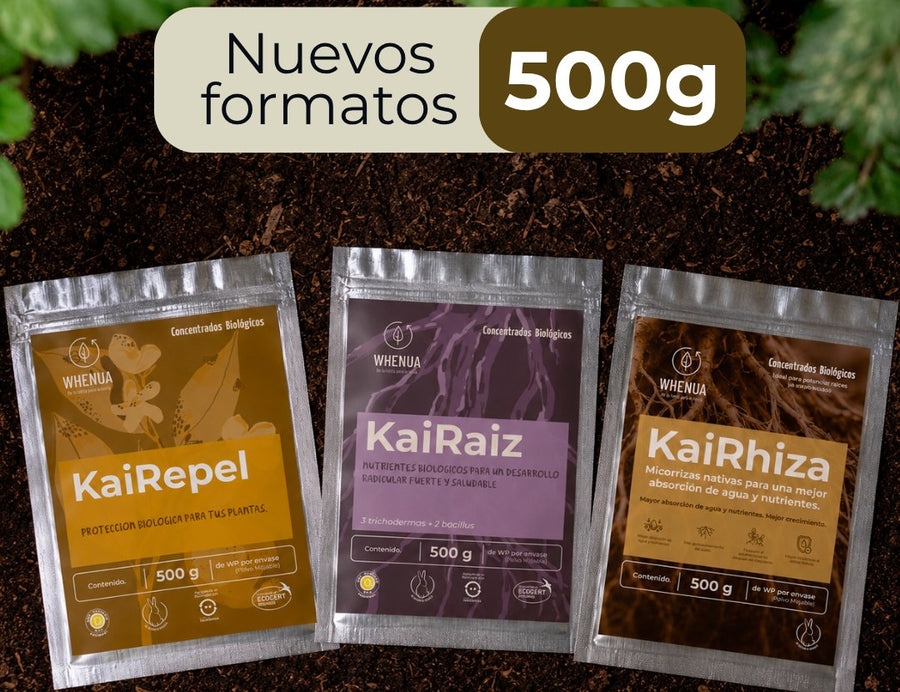 Nuevos formatos de 500 g de Kai Repel, Kai Raíz y Kai Rhiza de Whenua sobre tierra