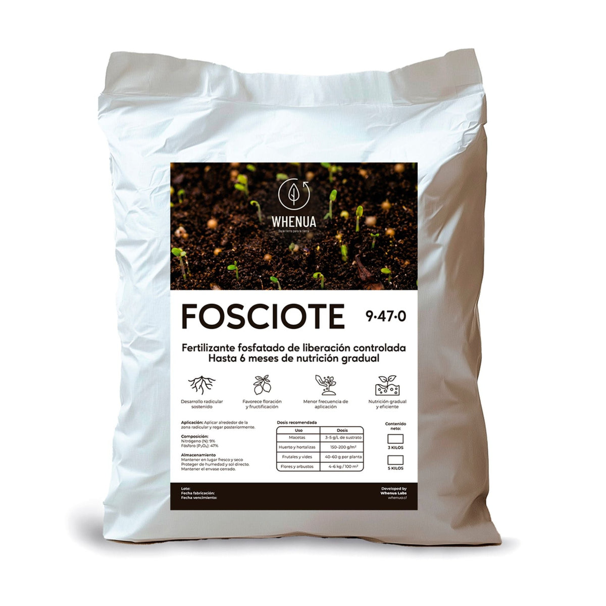 Envase de Fosciote 9-47-0 de Whenua, fertilizante de liberación controlada rico en fósforo