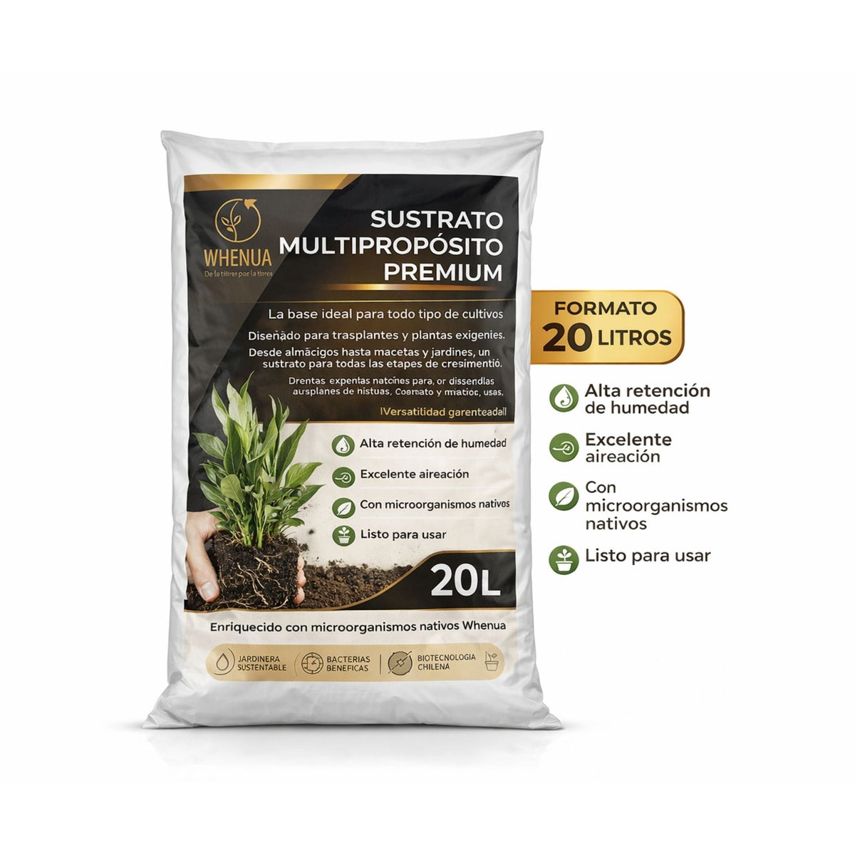 Saco de Sustrato Multipropósito Premium Whenua de 20 litros, con fibra de coco, perlita y microorganismos nativos, para trasplantes, macetas y huerto