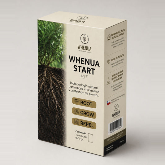 Caja del Whenua Start Kit en tres cuartos, con los sellos ROOT, GROW y REPEL y el contenido de 3 productos de 10 g