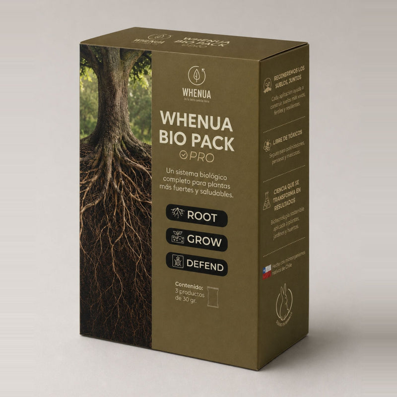Caja del Whenua Bio Pack Pro en tres cuartos, color oliva, con los sellos ROOT, GROW y DEFEND y 3 productos de 30 g