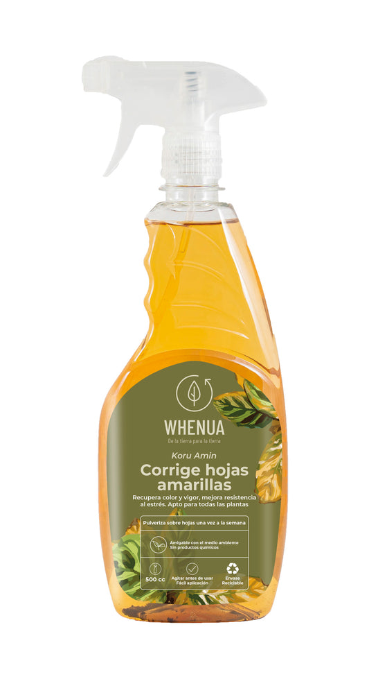 Envase de Koru Amin de Whenua, corrector foliar que recupera el color de las hojas amarillas