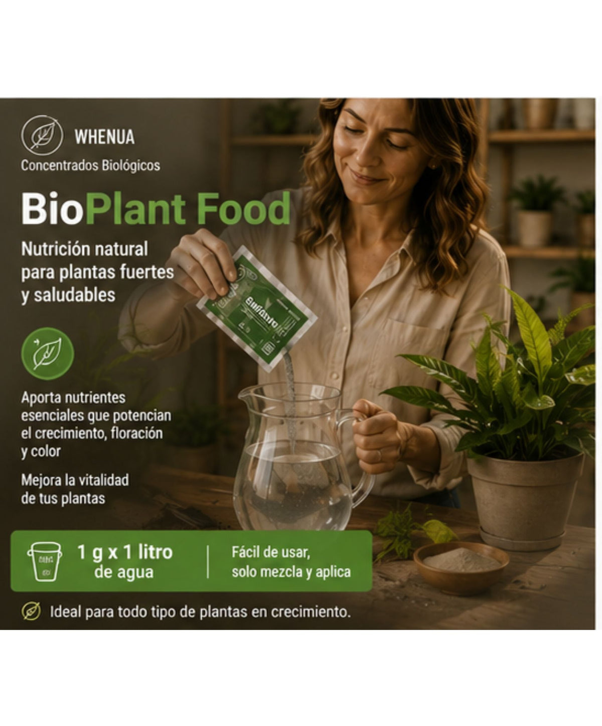 Bio Plant Food de Whenua en sobre de 30 g, fertilizante biológico que se disuelve a 1 g por litro de agua