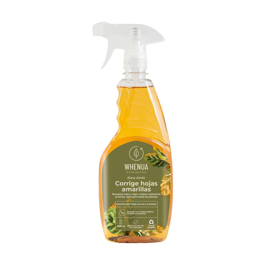 Koru Amin 500 cc, corrector foliar para hojas amarillas, envase con gatillo pulverizador listo para usar