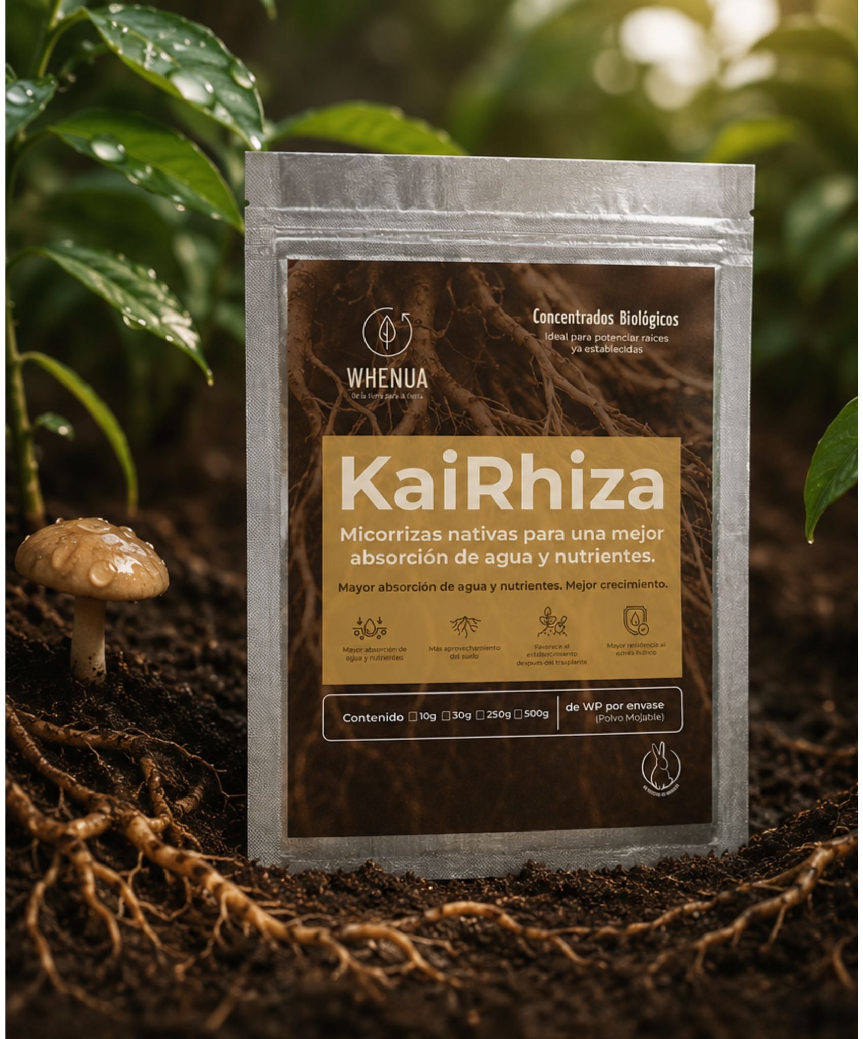 Kai Rhiza micorrizas nativas Whenua — envase sobre suelo con raíces