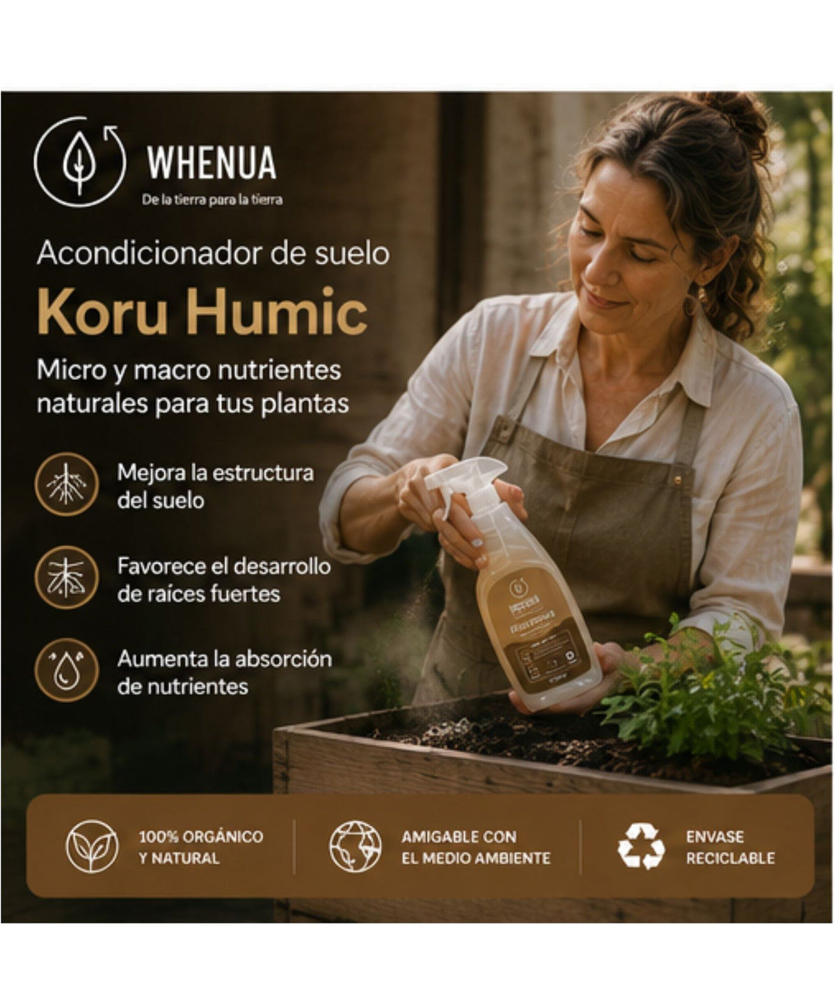 Koru Humic de Whenua, acondicionador orgánico de suelo con ácidos húmicos que mejora la estructura