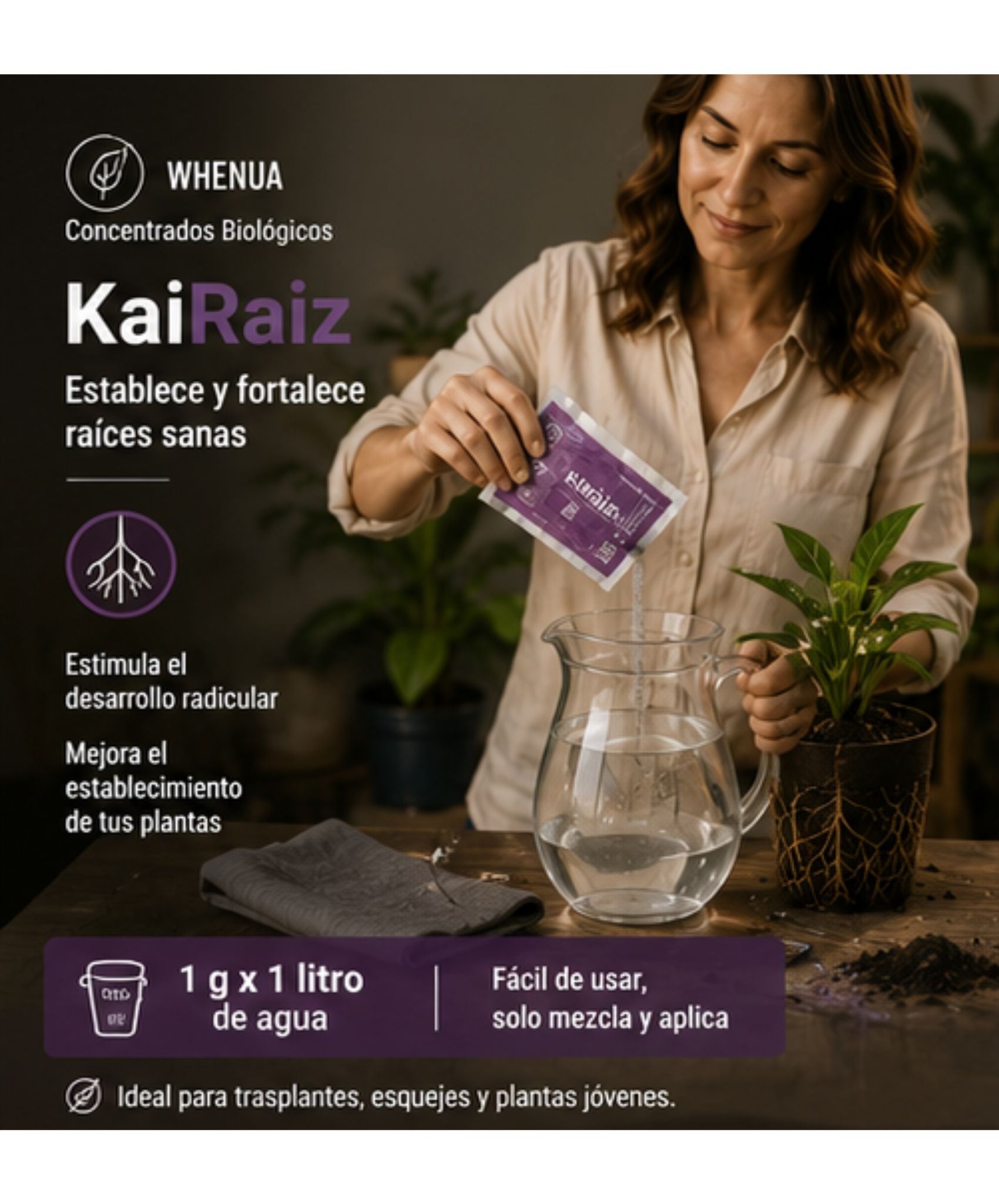 Kai Raíz de Whenua en sobre de 30 g, enraizante biológico que se disuelve a 1 g por litro de agua