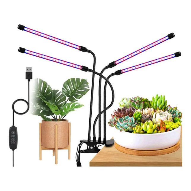 Lámpara LED de Cultivo para Plantas de Interior 4 Cabezales Ajustables USB | Crecimiento, Floración y Huertos Indoor