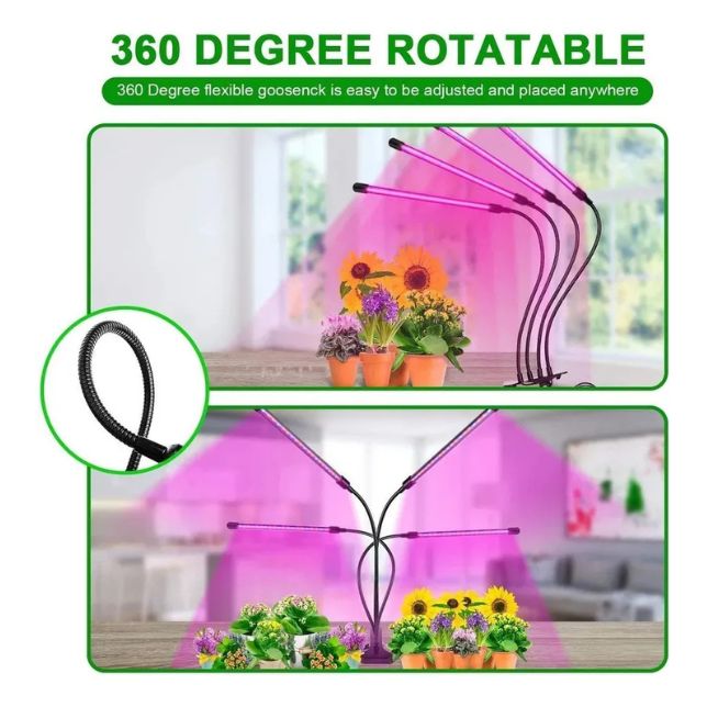 Lámpara LED de Cultivo para Plantas de Interior 4 Cabezales Ajustables USB | Crecimiento, Floración y Huertos Indoor
