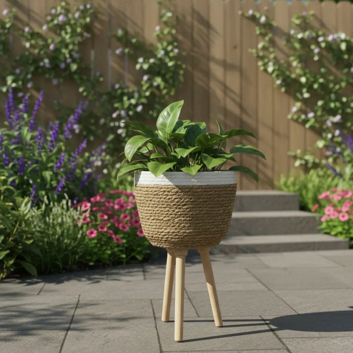 Maceta Decorativa de Yute con Patas de Madera 23 cm