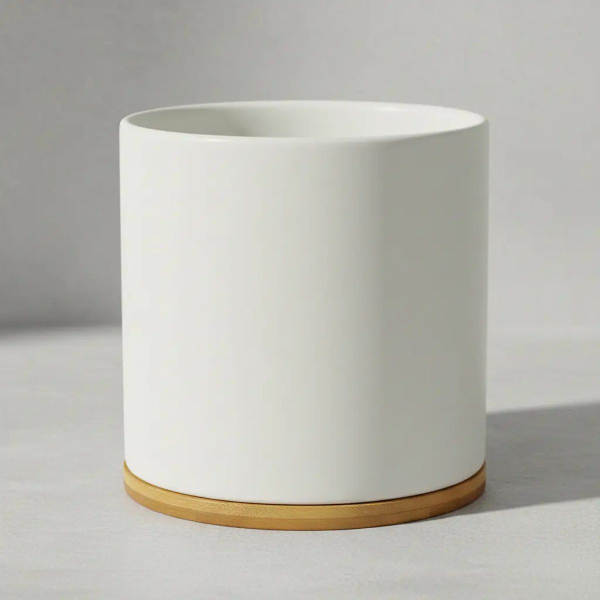 Macetero de Cerámica Nórdico con Base de Bambú 15,5 cm