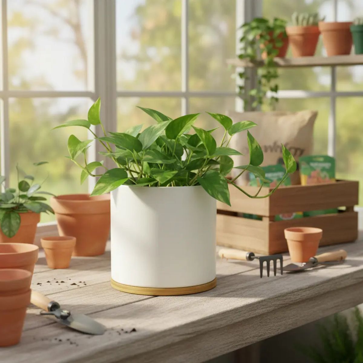 Macetero de Cerámica Nórdico con Base de Bambú 15,5 cm