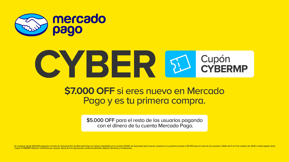 Cyber Mercado Pago: cupón CYBERMP. $7.000 OFF si eres nuevo en Mercado Pago y $5.000 OFF para el resto de los usuarios pagando con dinero en cuenta, en compras desde $30.000.
