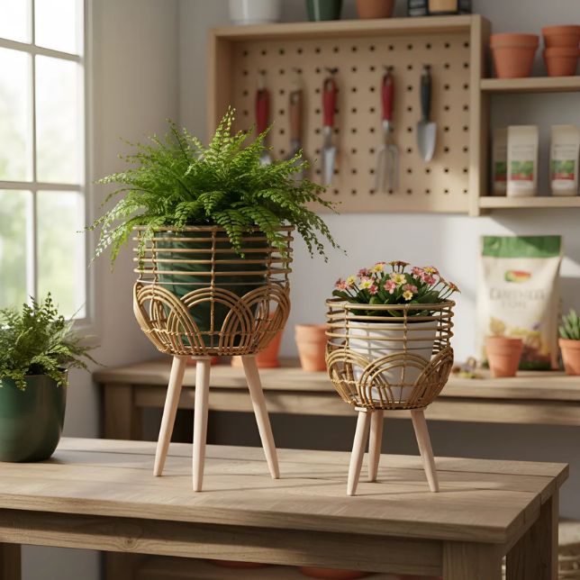 Portamacetero de Mimbre con Patas de Madera | Decoración Natural para Plantas