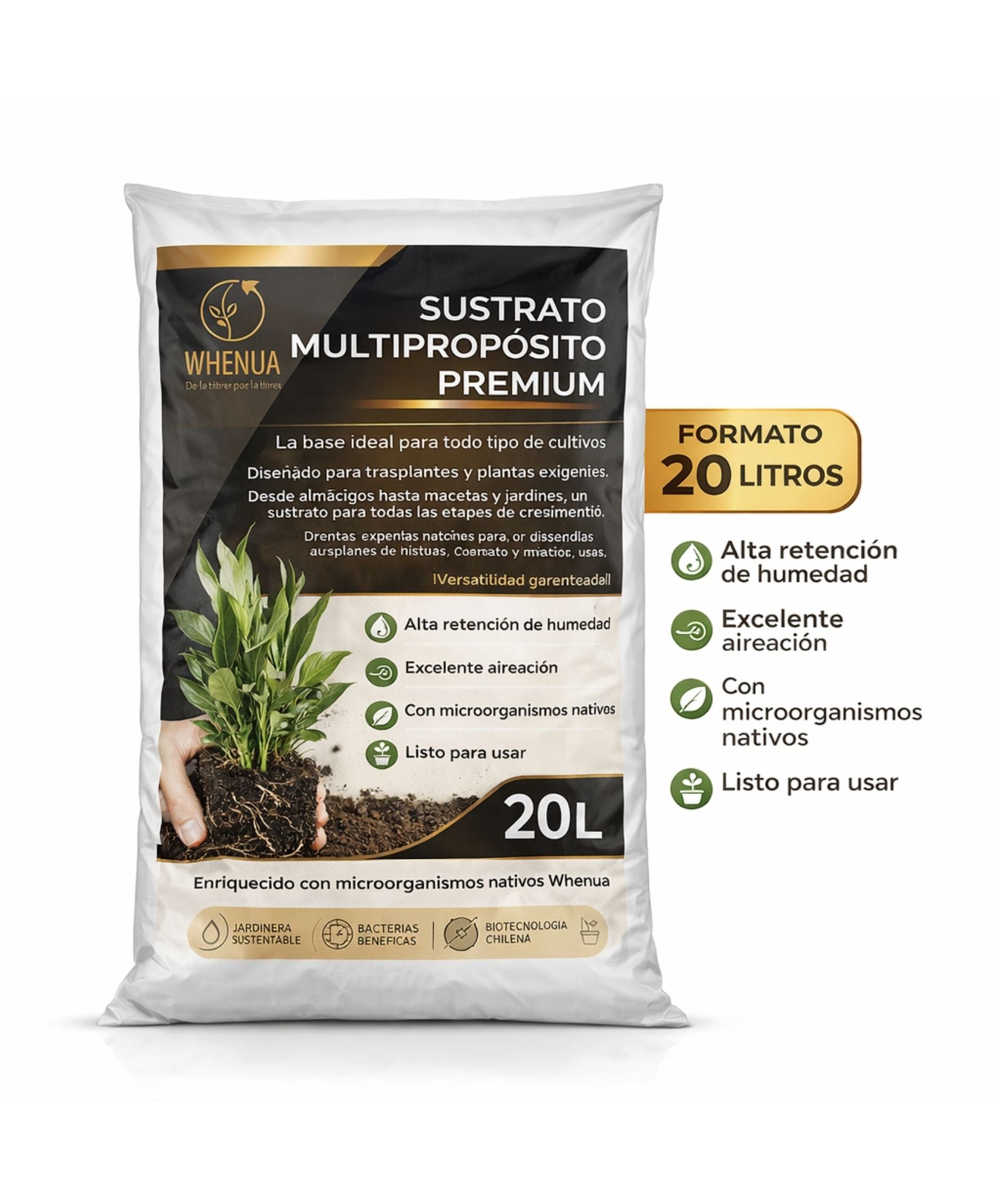 Saco de Sustrato Multipropósito Premium Whenua de 20 litros, con fibra de coco, perlita y microorganismos nativos, para trasplantes, macetas y huerto