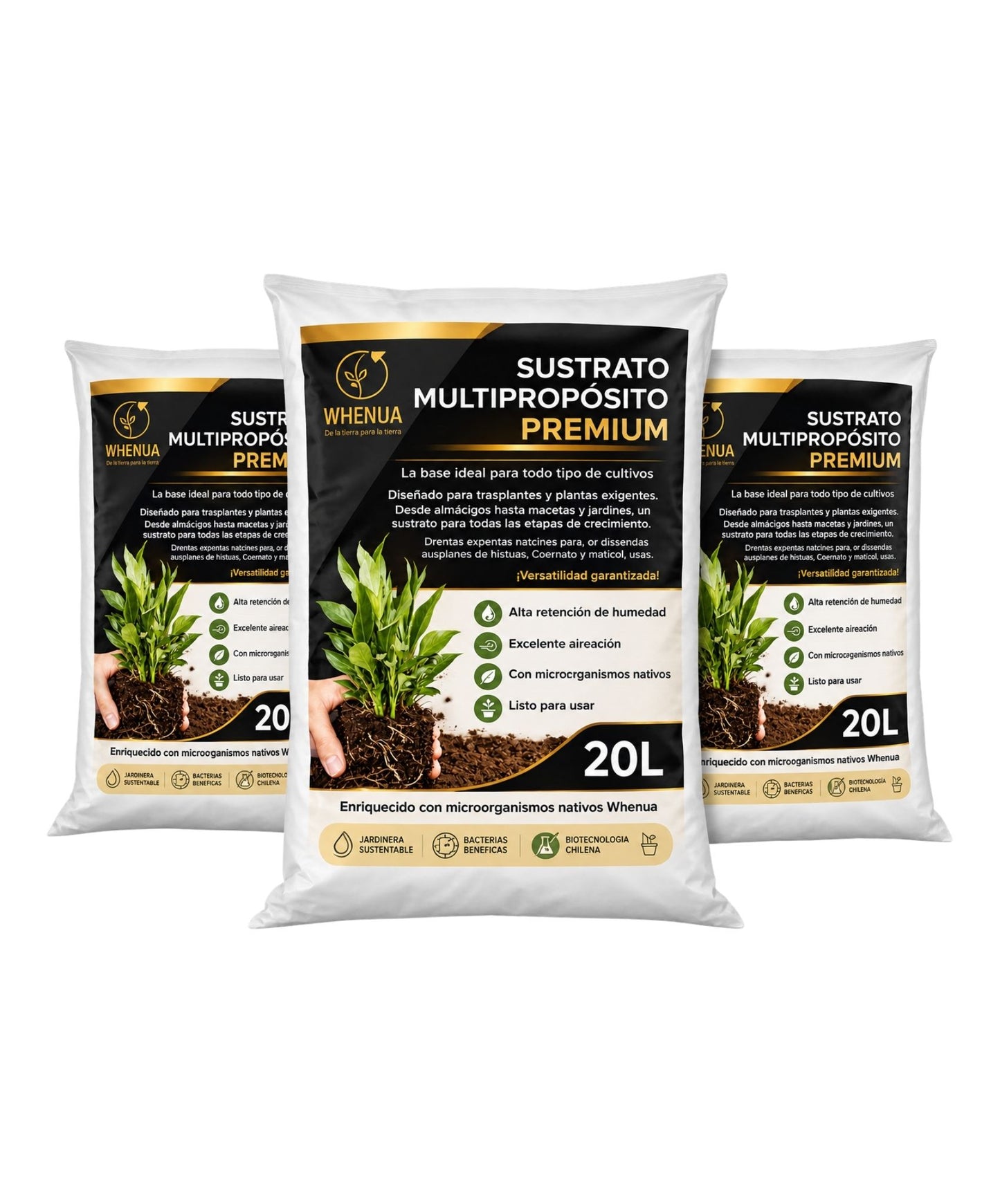 Tres sacos de Sustrato Multipropósito Premium Whenua de 20 litros para trasplantes, macetas y huerto