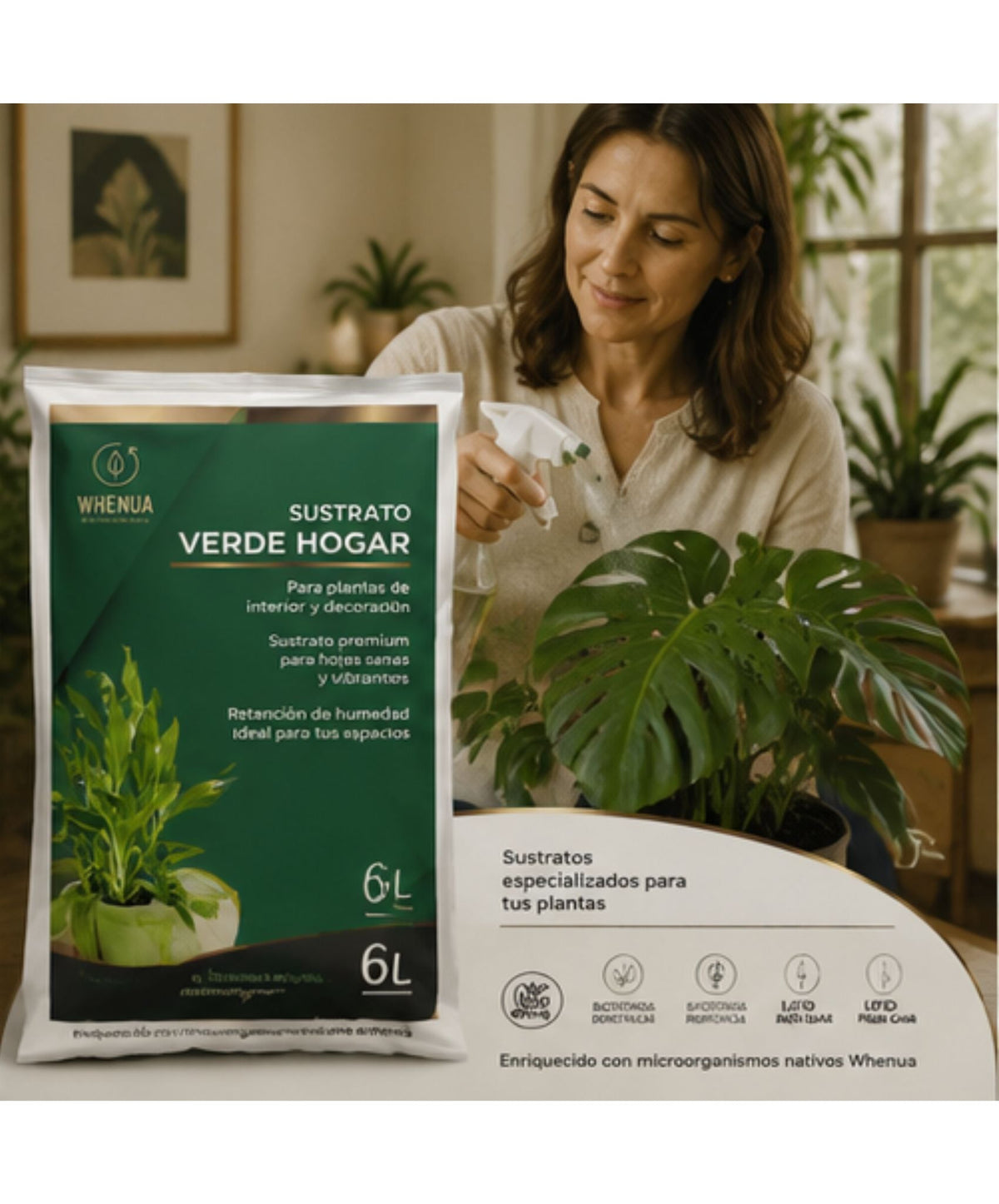 Saco de Sustrato Verde Hogar Whenua de 6 litros para plantas de interior