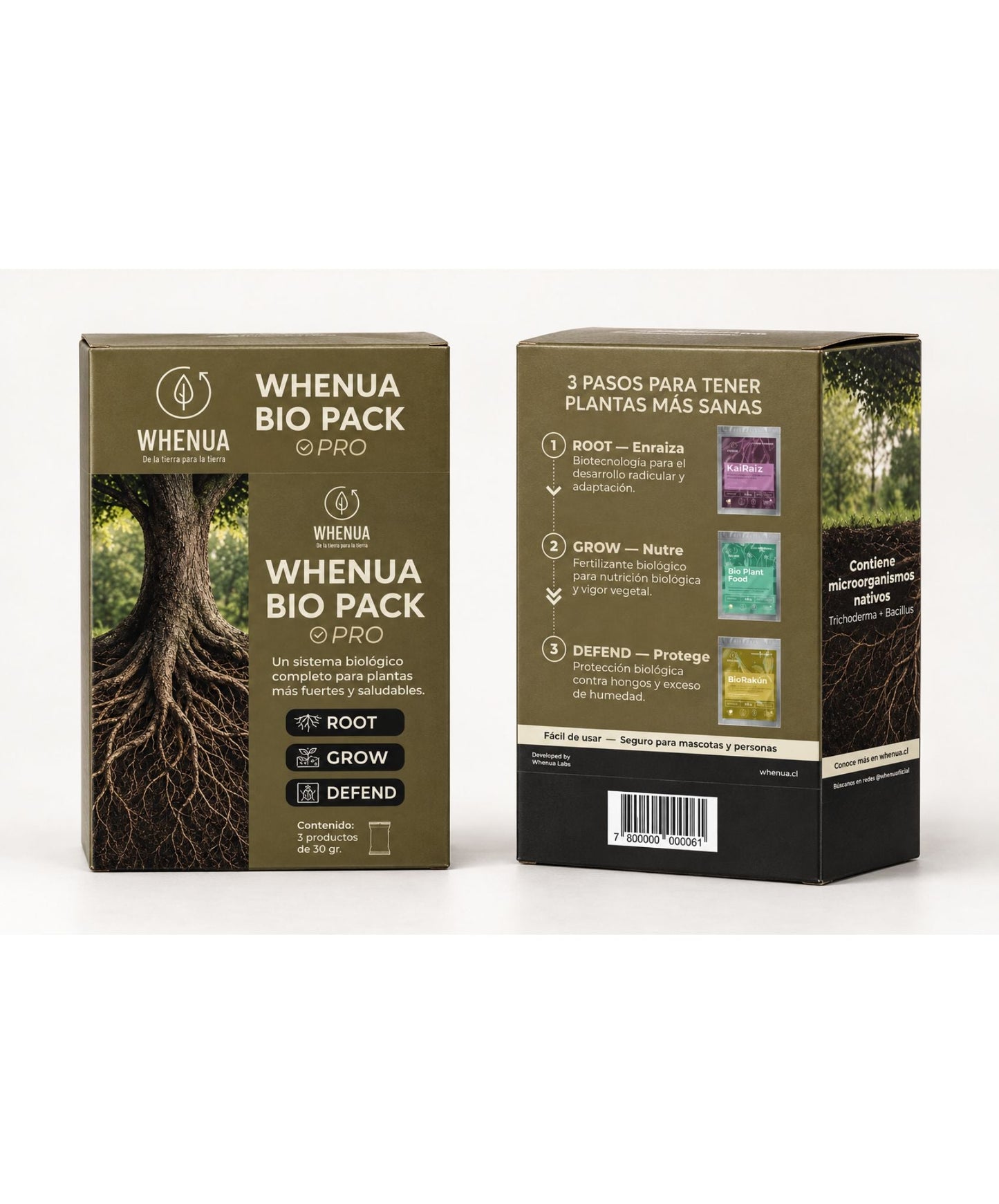 Frente y reverso de la caja del Whenua Bio Pack Pro con los tres pasos: ROOT enraiza, GROW nutre y DEFEND protege contra hongos