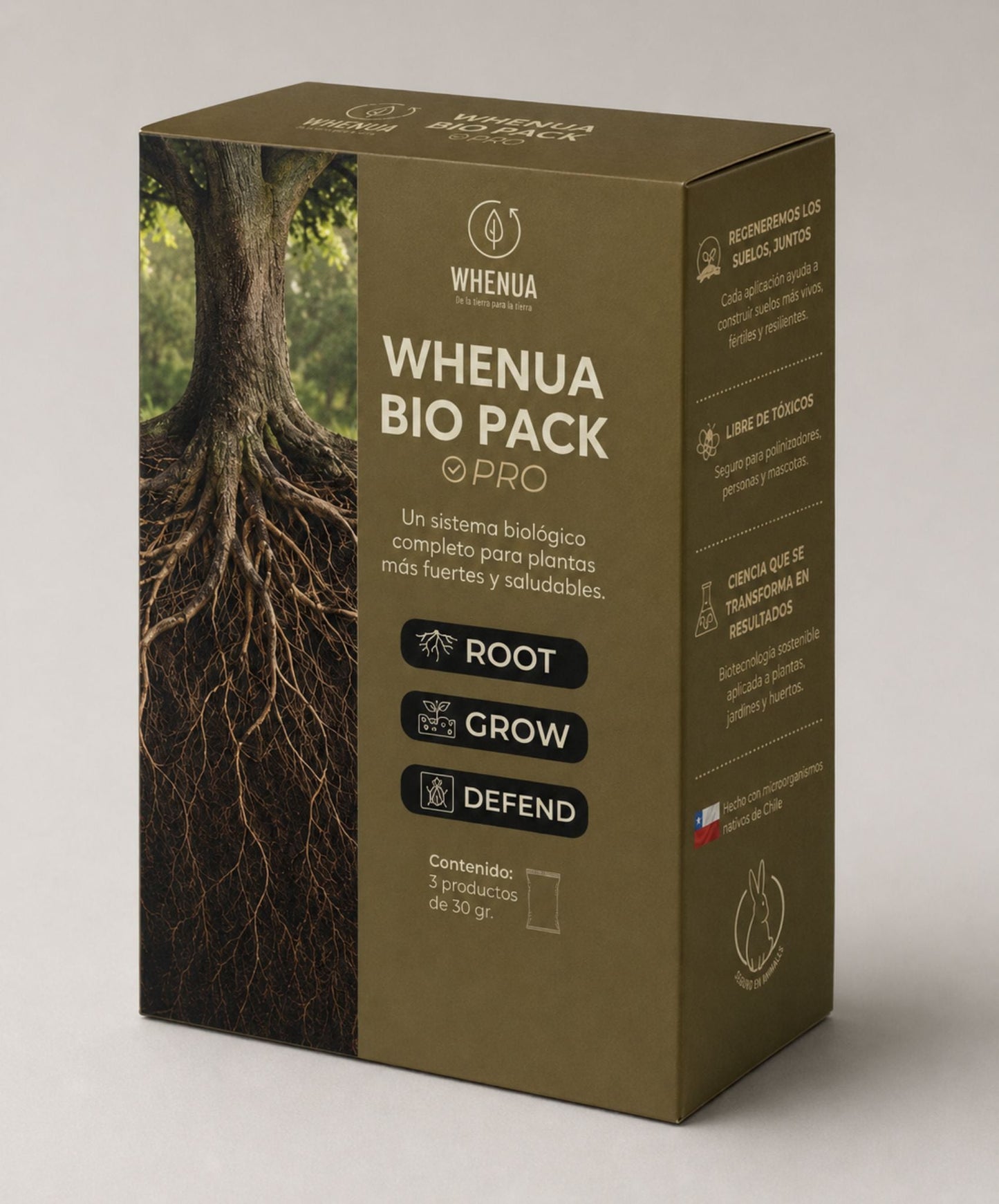 Caja del Whenua Bio Pack Pro en tres cuartos, color oliva, con los sellos ROOT, GROW y DEFEND y 3 productos de 30 g