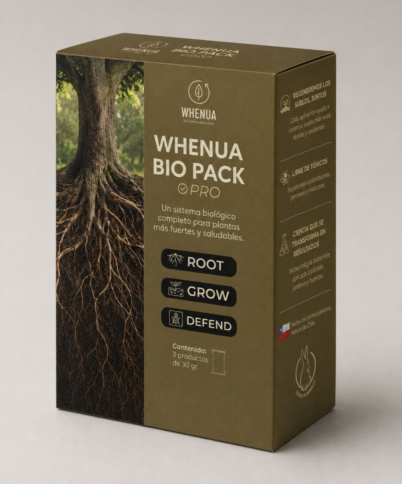 Caja del Whenua Bio Pack Pro en tres cuartos, color oliva, con los sellos ROOT, GROW y DEFEND y 3 productos de 30 g
