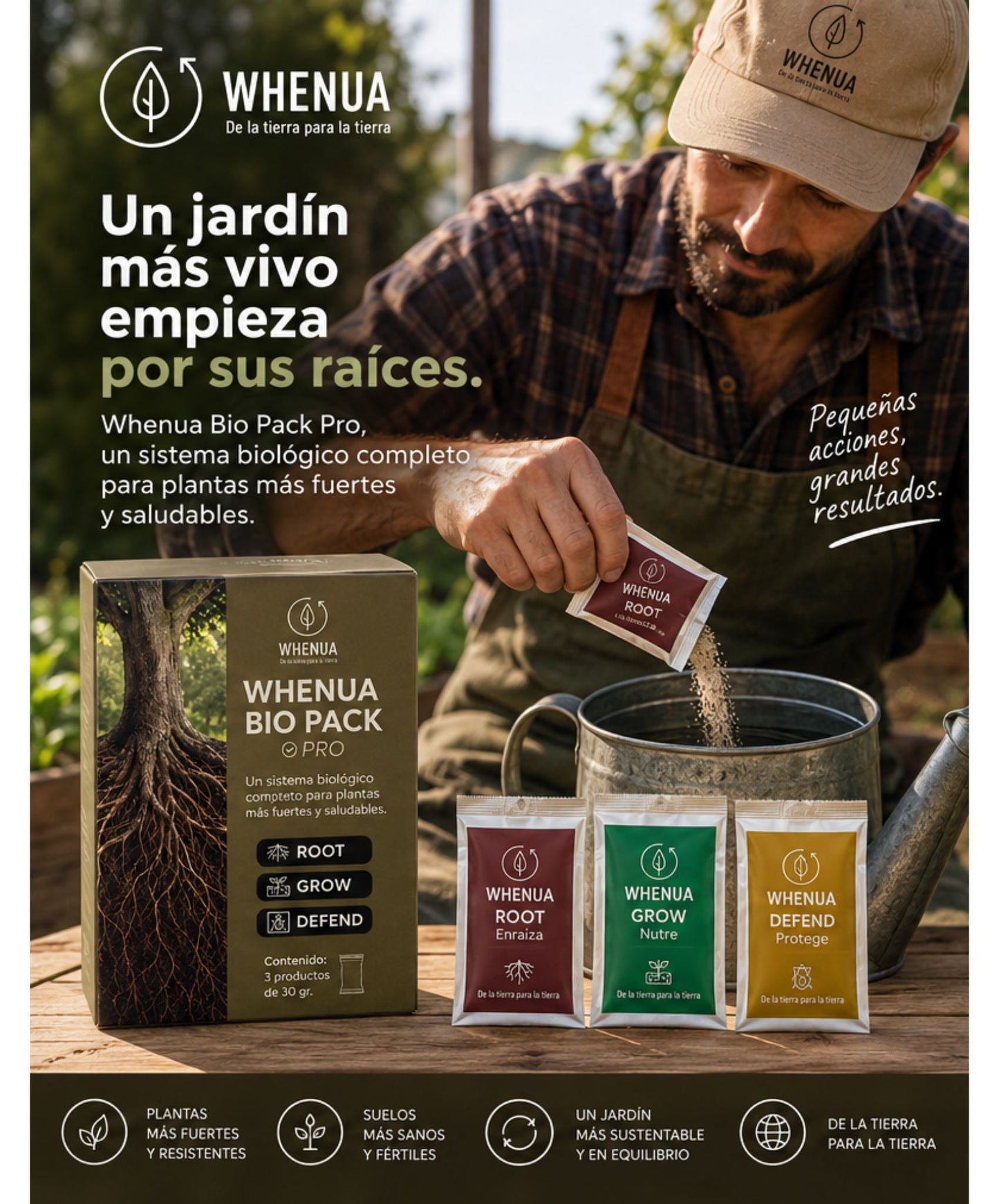 Huertero aplicando un sachet del Whenua Bio Pack Pro en una regadera, junto a la caja y los sachets ROOT, GROW y DEFEND