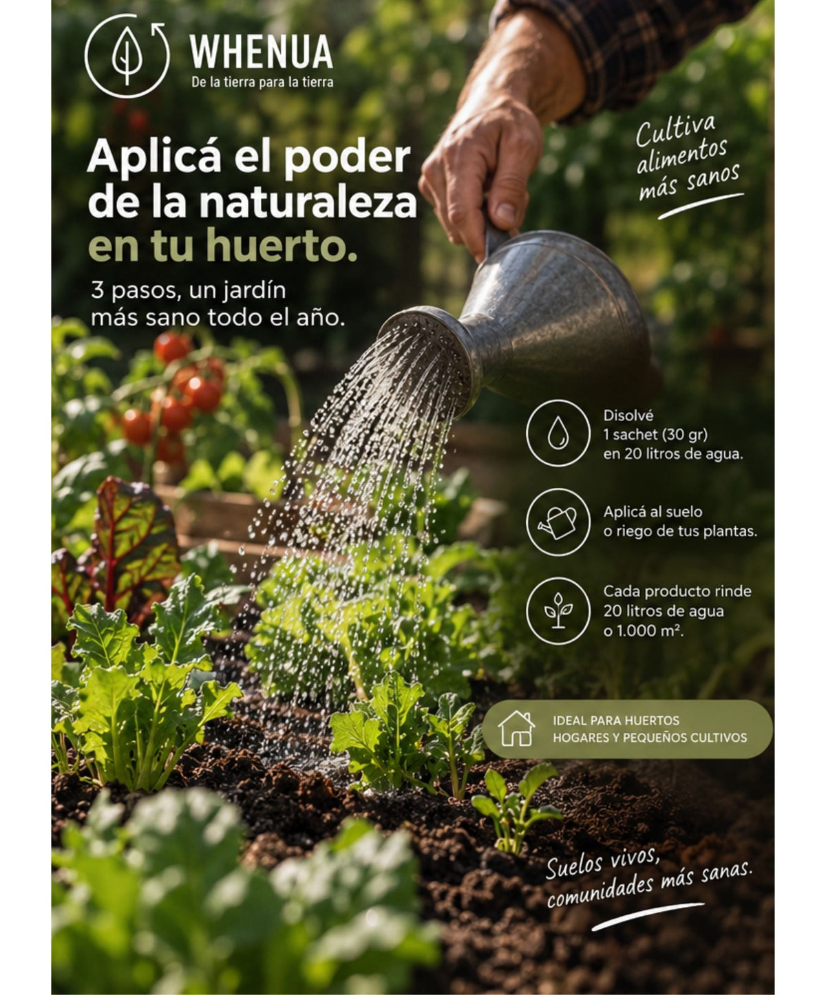 Modo de uso del Whenua Bio Pack Pro en huerto: disolver un sachet de 30 g en 20 litros de agua y aplicar al riego
