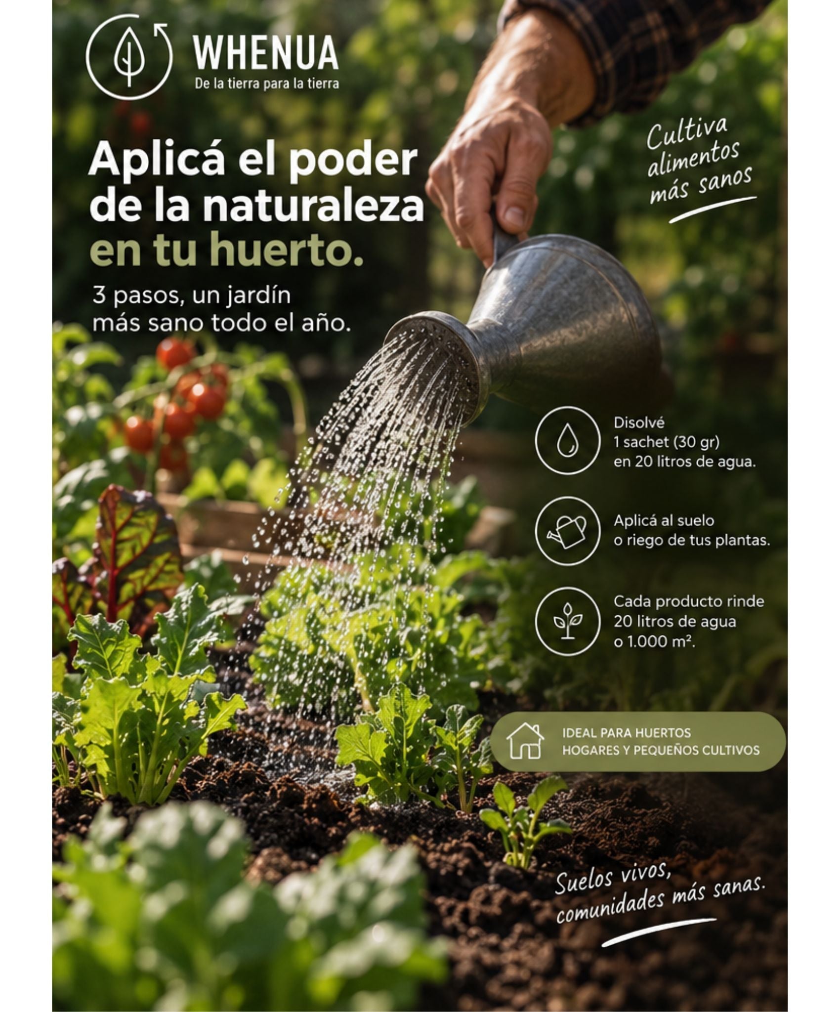 Modo de uso del Whenua Bio Pack Pro en huerto: disolver un sachet de 30 g en 20 litros de agua y aplicar al riego