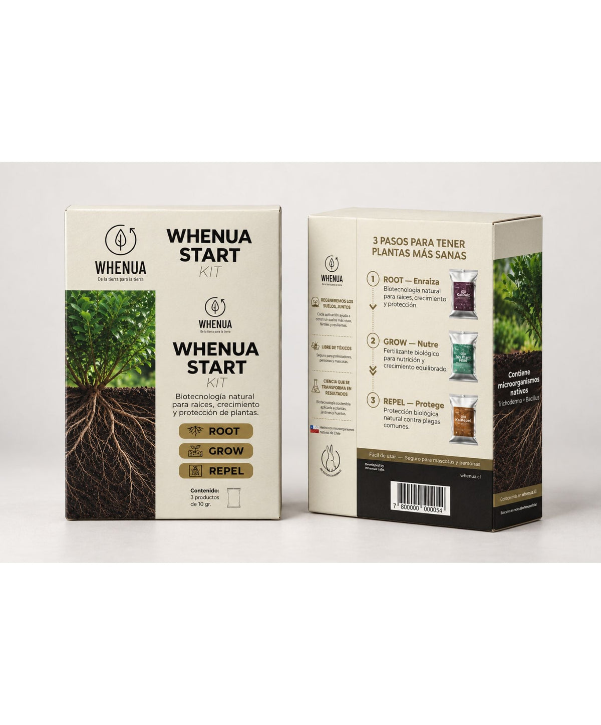 Frente y reverso de la caja del Whenua Start Kit con los tres pasos: ROOT enraiza, GROW nutre y REPEL protege