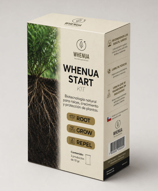 Caja del Whenua Start Kit en tres cuartos, con los sellos ROOT, GROW y REPEL y el contenido de 3 productos de 10 g