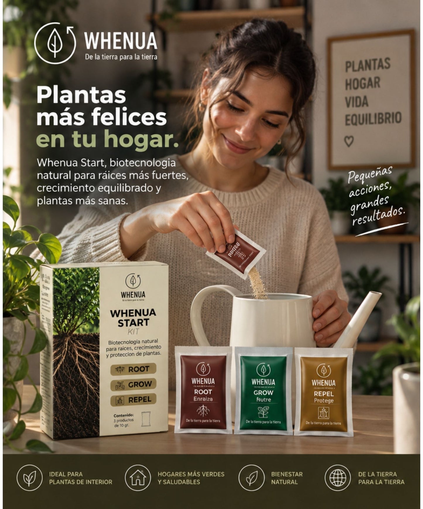Mujer disolviendo un sachet del Whenua Start Kit en una regadera, junto a la caja y los tres sachets ROOT, GROW y REPEL
