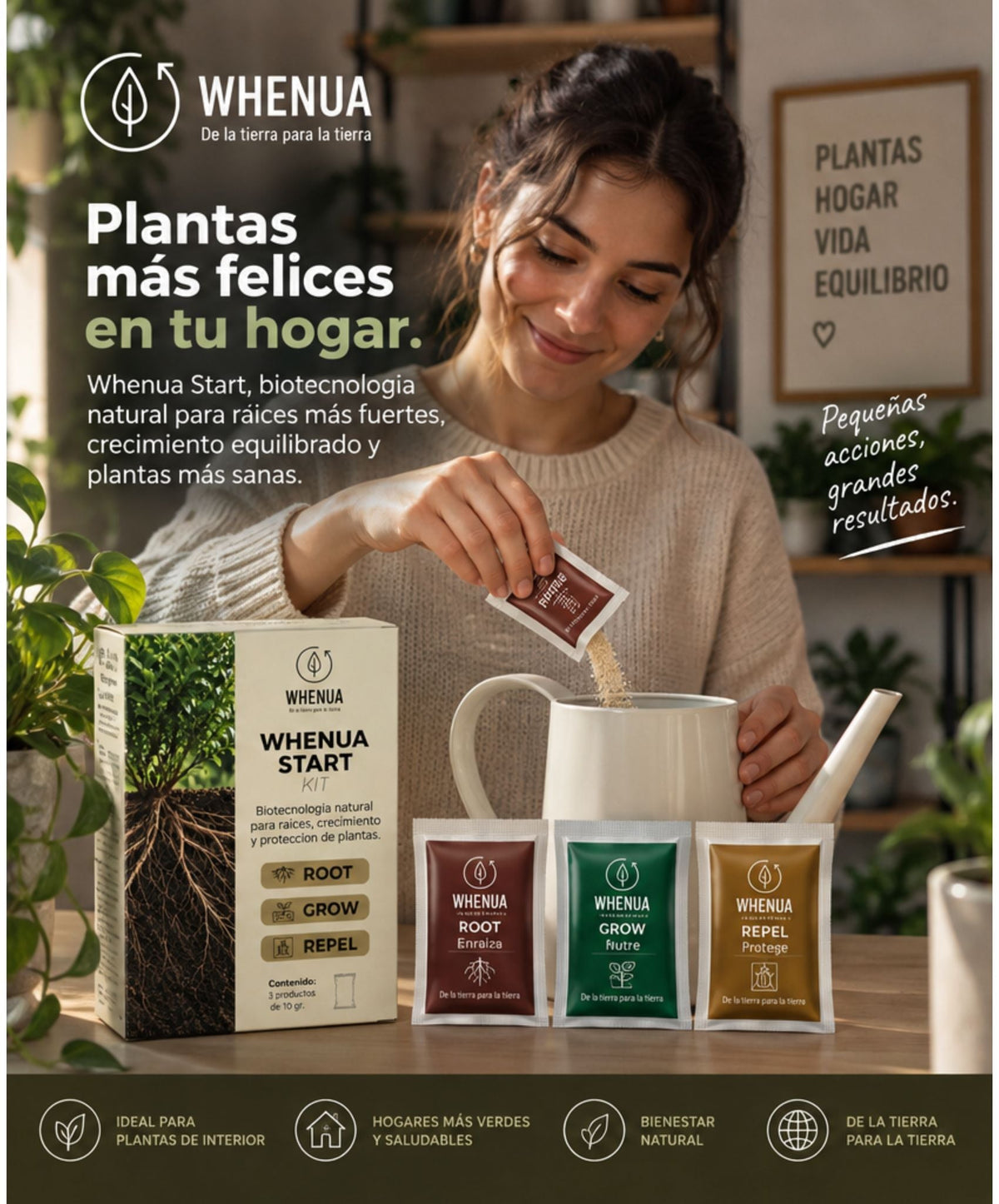 Mujer disolviendo un sachet del Whenua Start Kit en una regadera, junto a la caja y los tres sachets ROOT, GROW y REPEL