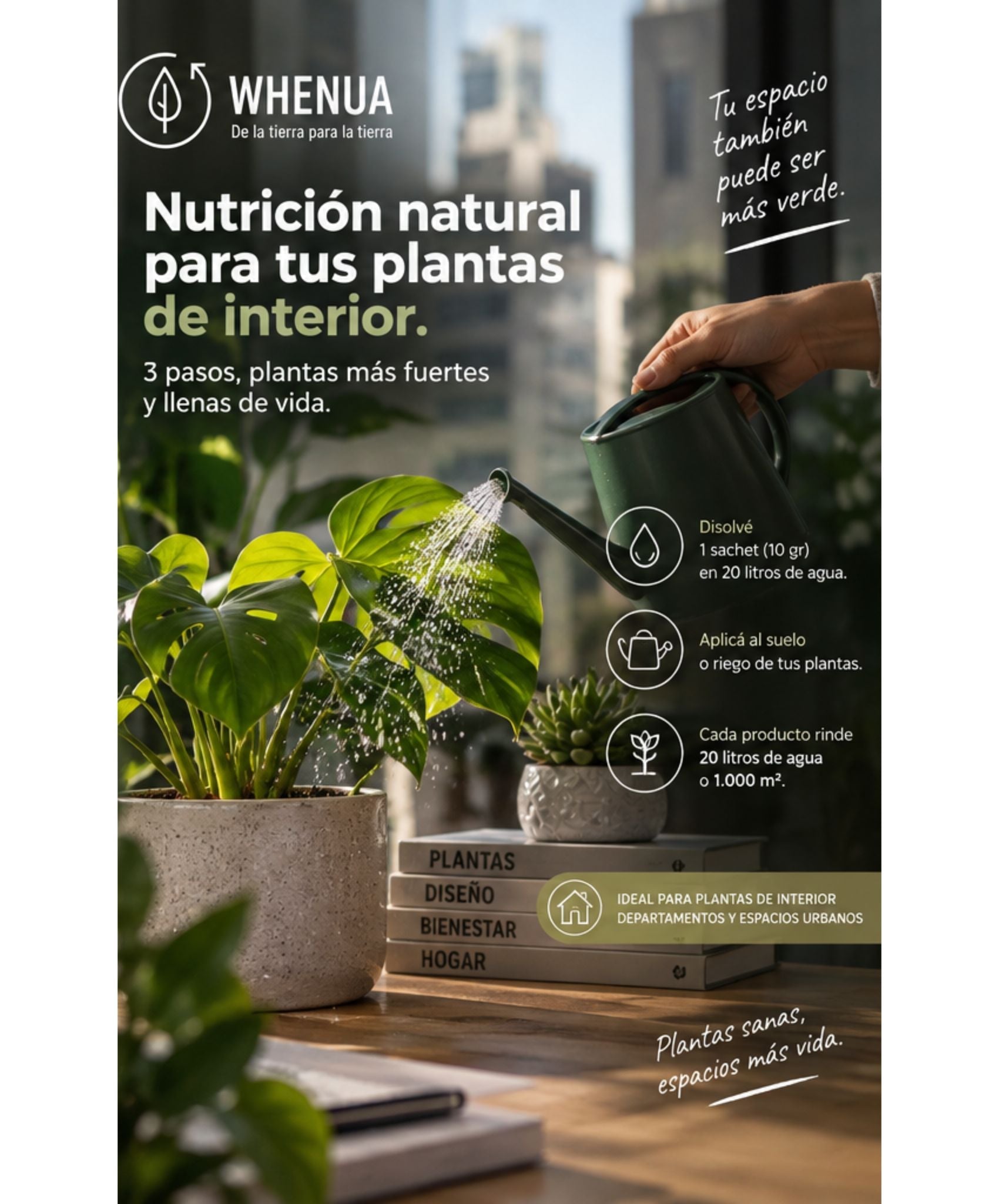 Modo de uso del Whenua Start Kit: disolver un sachet de 10 g en 20 litros de agua y aplicar al riego de plantas de interior